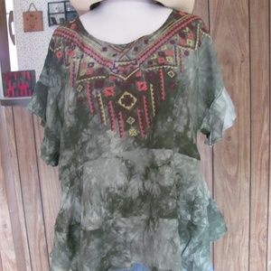 Umgee Tie Dyed Blouse With Embroidered Chest Deta